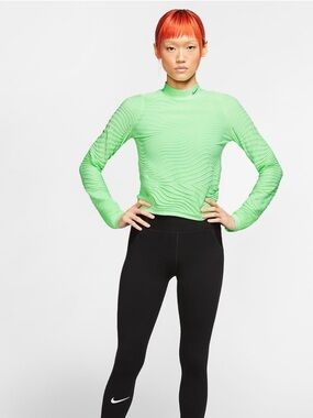 Nike City Ready Neon Green Textured Long-Sleeve Mock Neck Women Top Size Medium